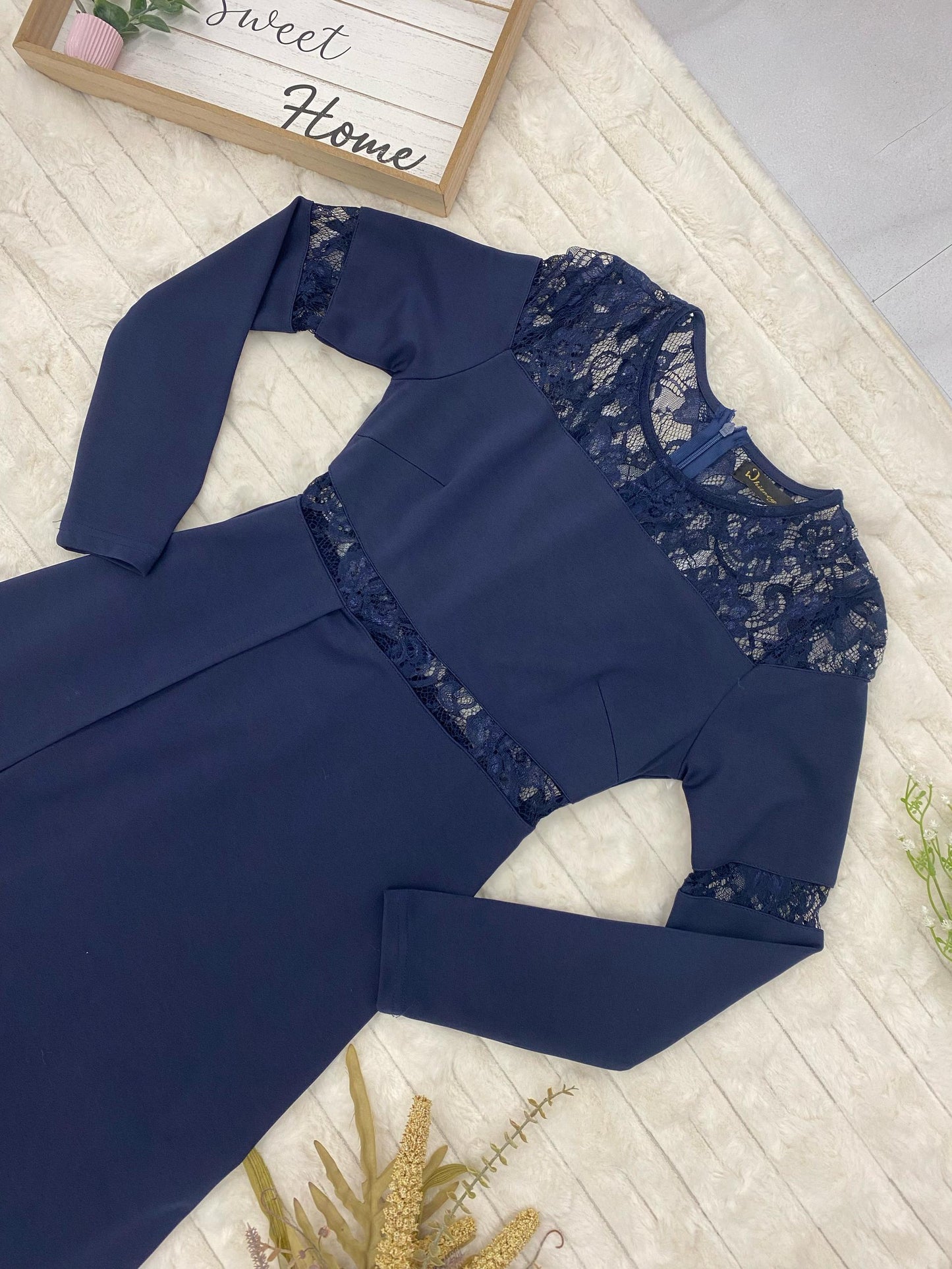 Long Sleeve Lace Trim Gown with High Slit