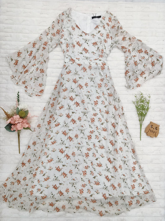 V-Neck Bell-Sleeve Floral Printed Maxi Dress