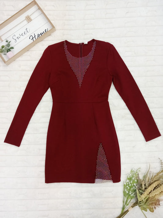Long Sleeve Sheer Plunge Neckline with Faux Rhinestone Mini Dress