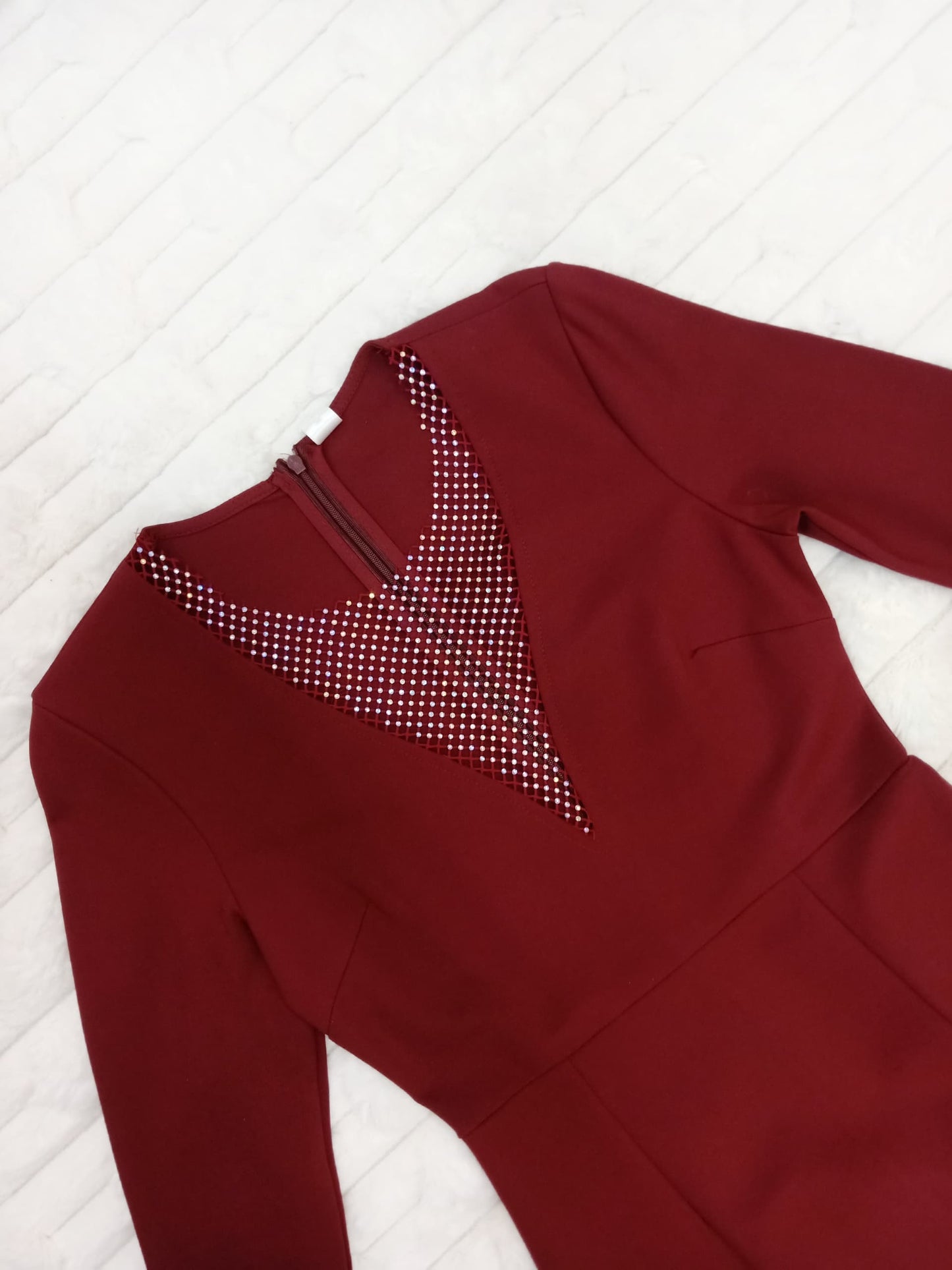 Long Sleeve Sheer Plunge Neckline with Faux Rhinestone Mini Dress