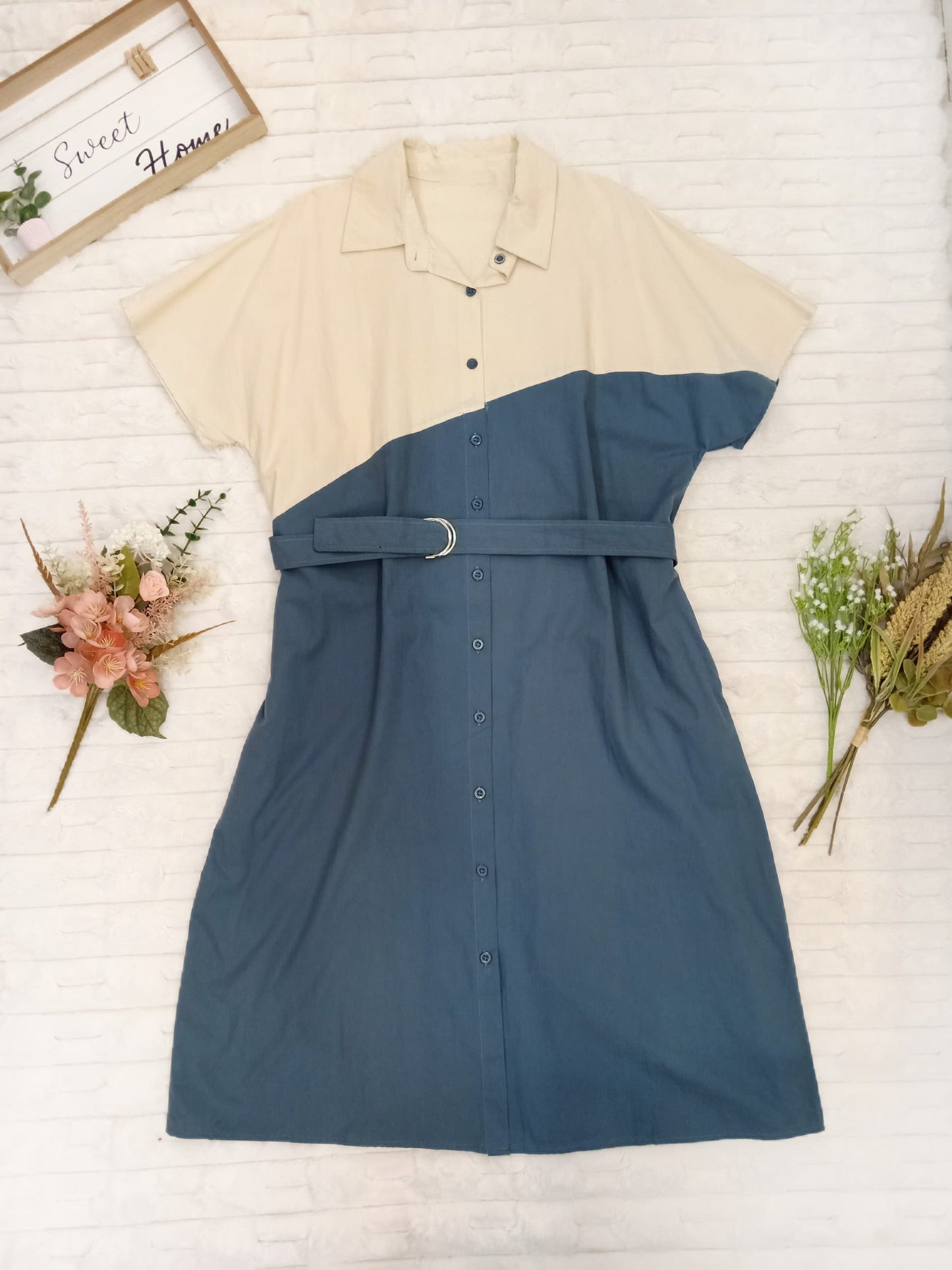 Collared Button Down Belted Mini Dress