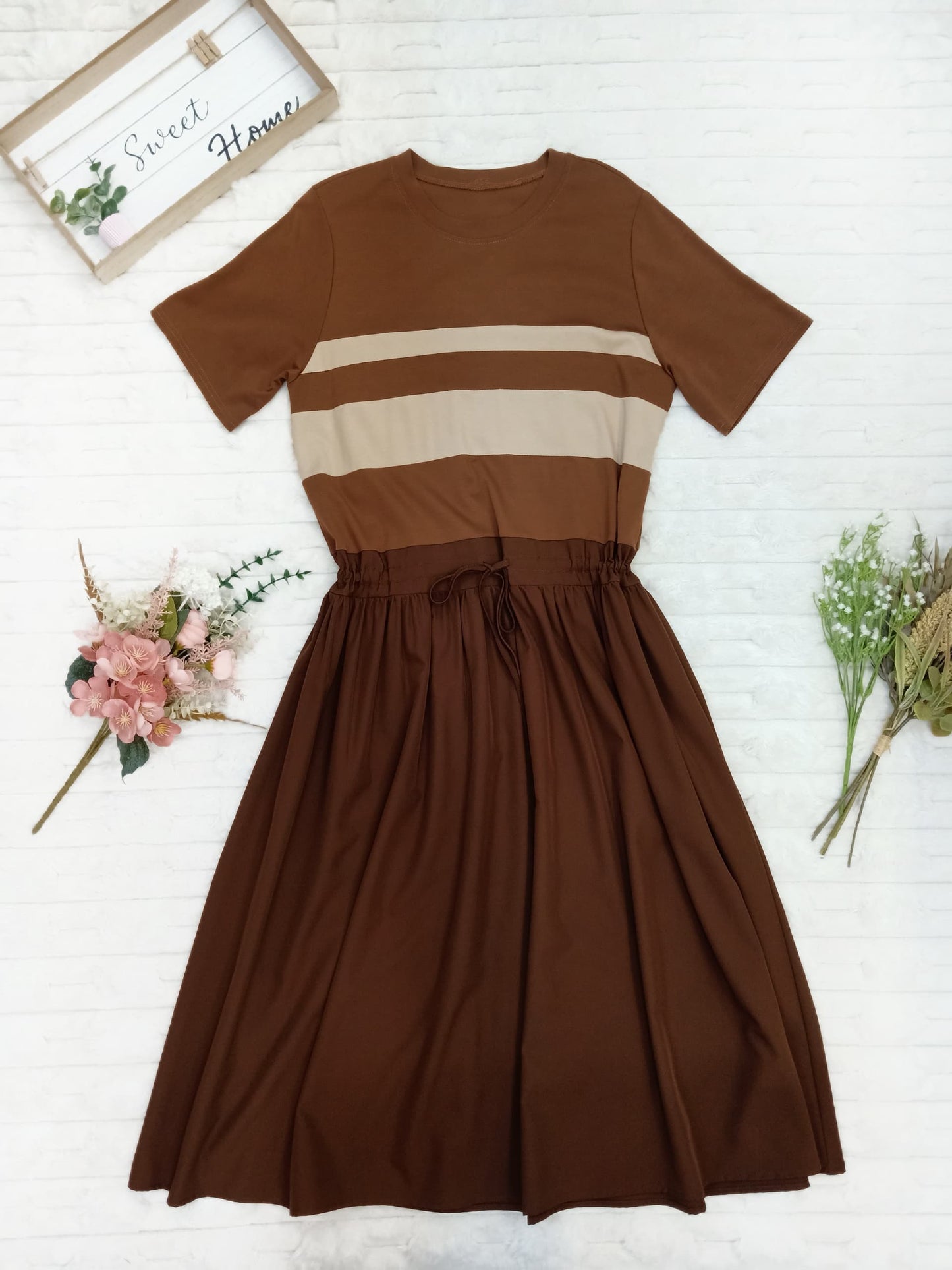 Stripes Drawstring Waist Midi Dress