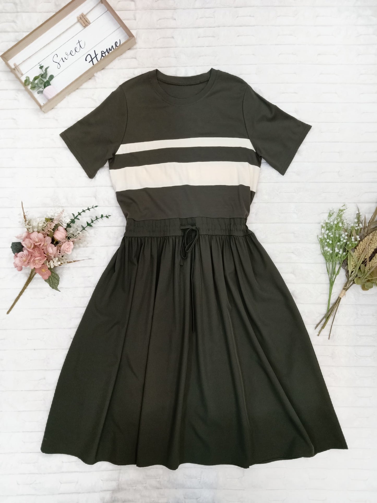 Stripes Drawstring Waist Midi Dress
