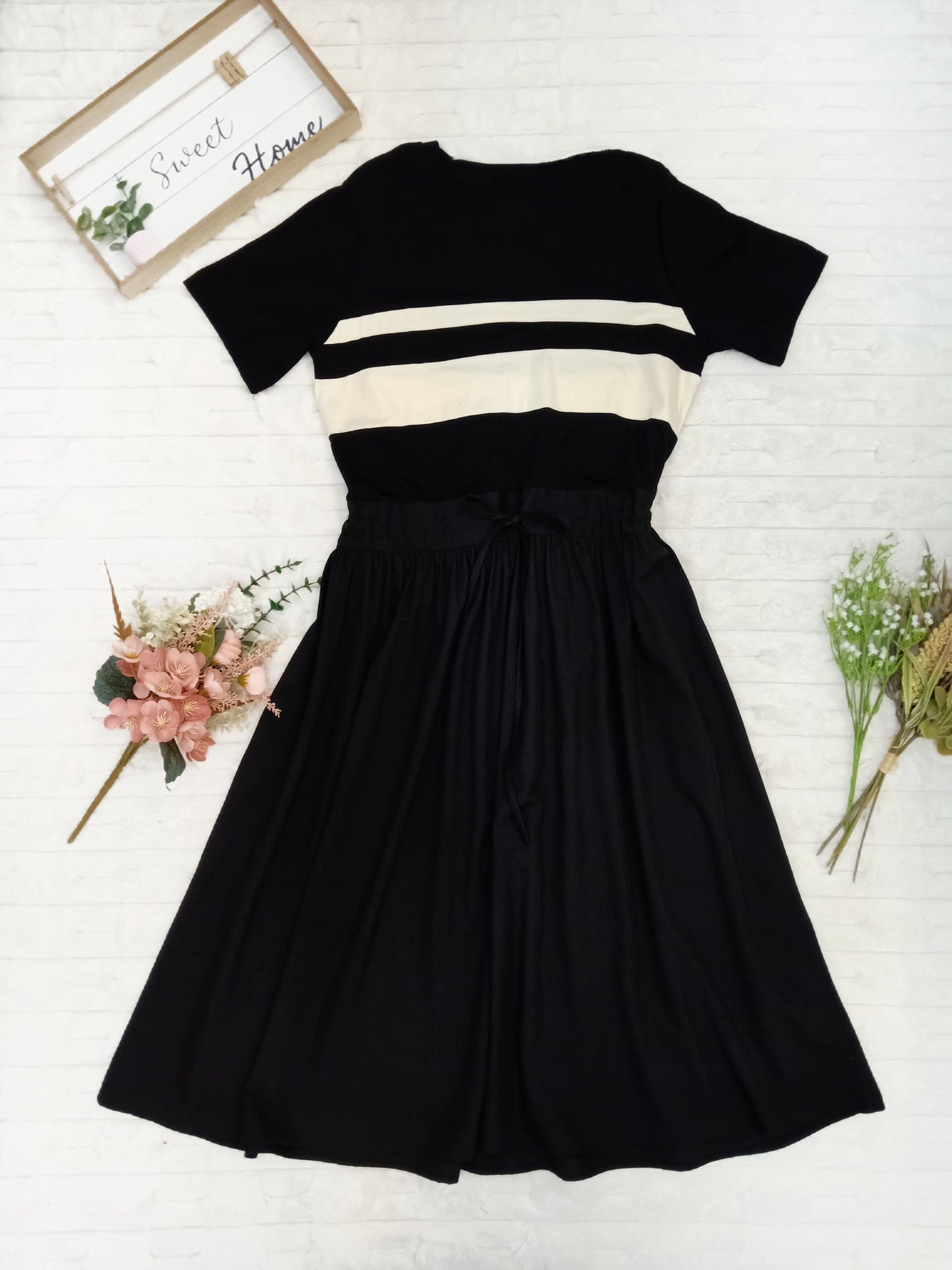 Stripes Drawstring Waist Midi Dress