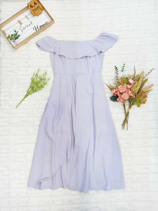 Off-Shoulder Ruffle Front with High Slit Midi Dress