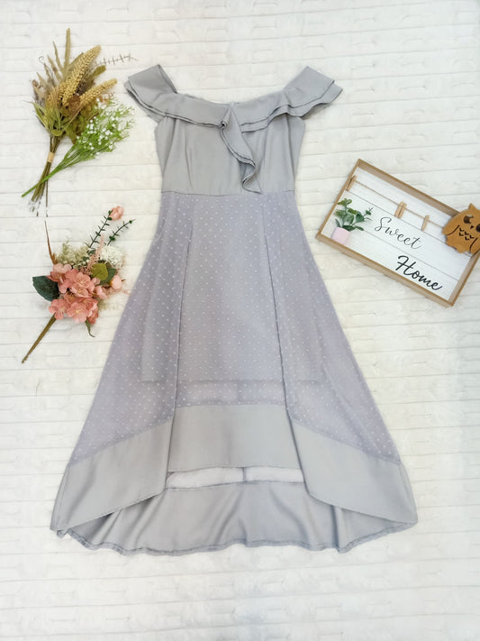 Off-Shoulder Ruffle Front with Eyelet Sheer High Low Midi Dress