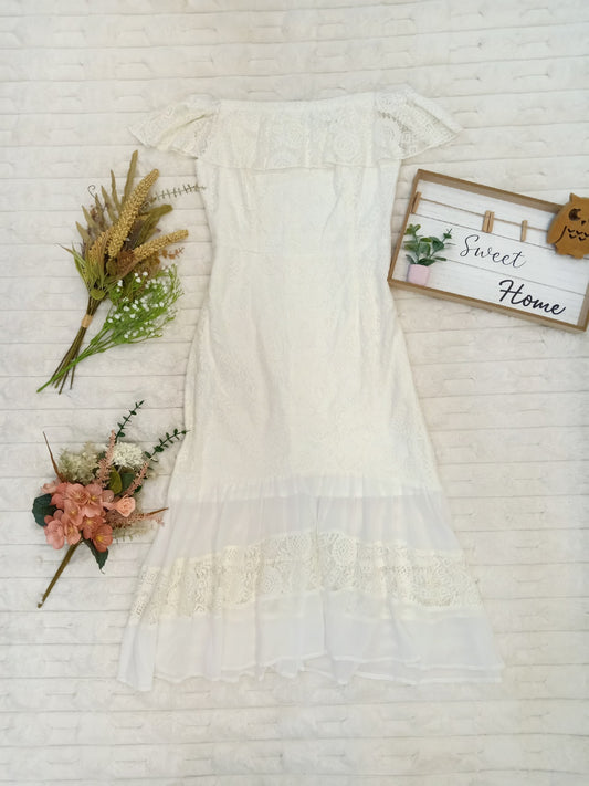 Off-Shoulder Ruffle Front Lace Embroidered Midi Dress