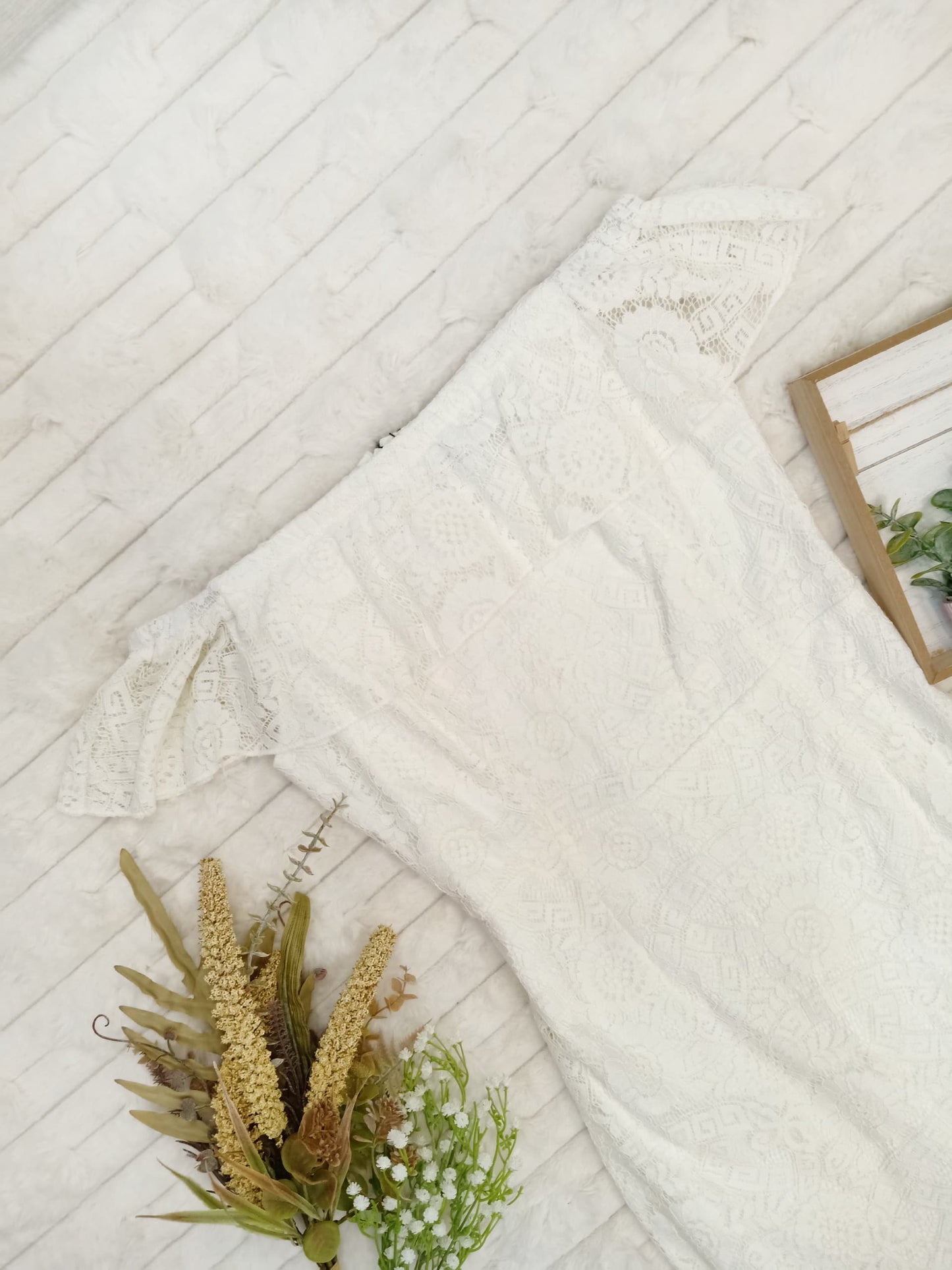 Off-Shoulder Ruffle Front Lace Embroidered Midi Dress