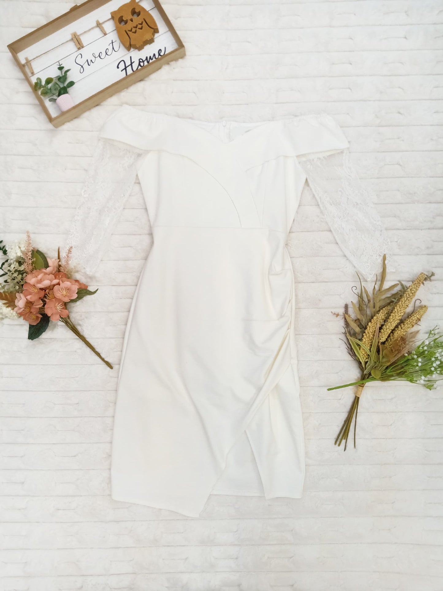 Elbow Length Lace Sleeves with Asymmetrical Slit Mini Dress