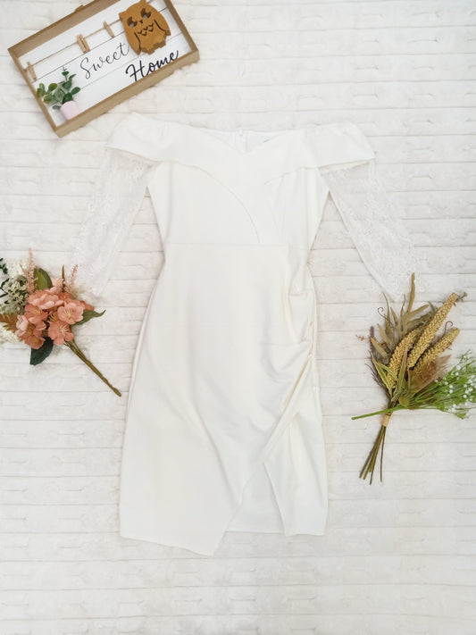 Elbow Length Lace Sleeves with Asymmetrical Slit Mini Dress