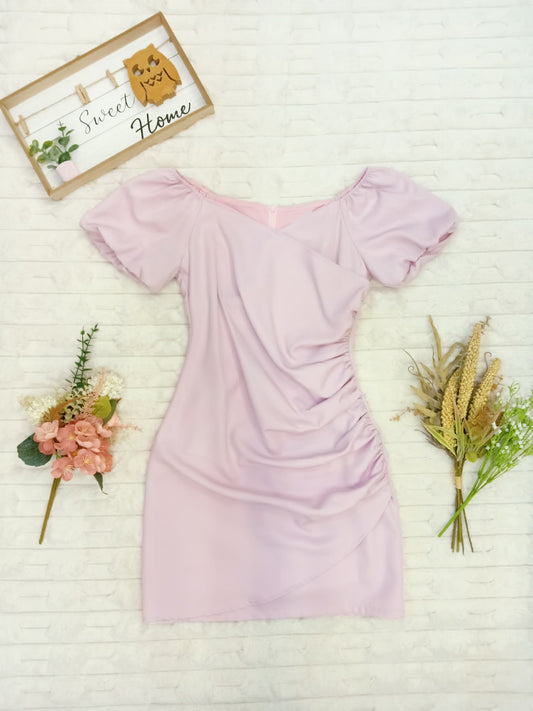 Puff Sleeves Ruched with Asymmetrical Slit Mini Dress