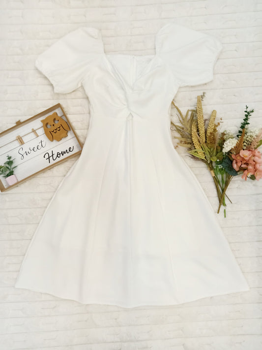 Cuff-Sleeves Twisted Front Cutout Waist Midi Dress