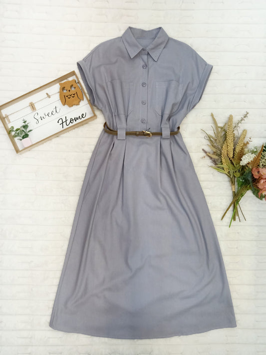 Collared Folded Fitted Sleeves with Belted Midi Dress