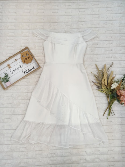 Off-Shoulder with Eyelet Sheer Midi Dress