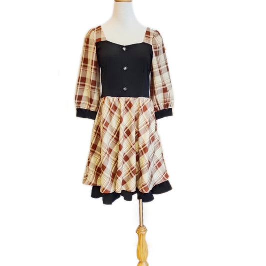 Square Neck Long Sleeve Plaid Knee-Length Dress