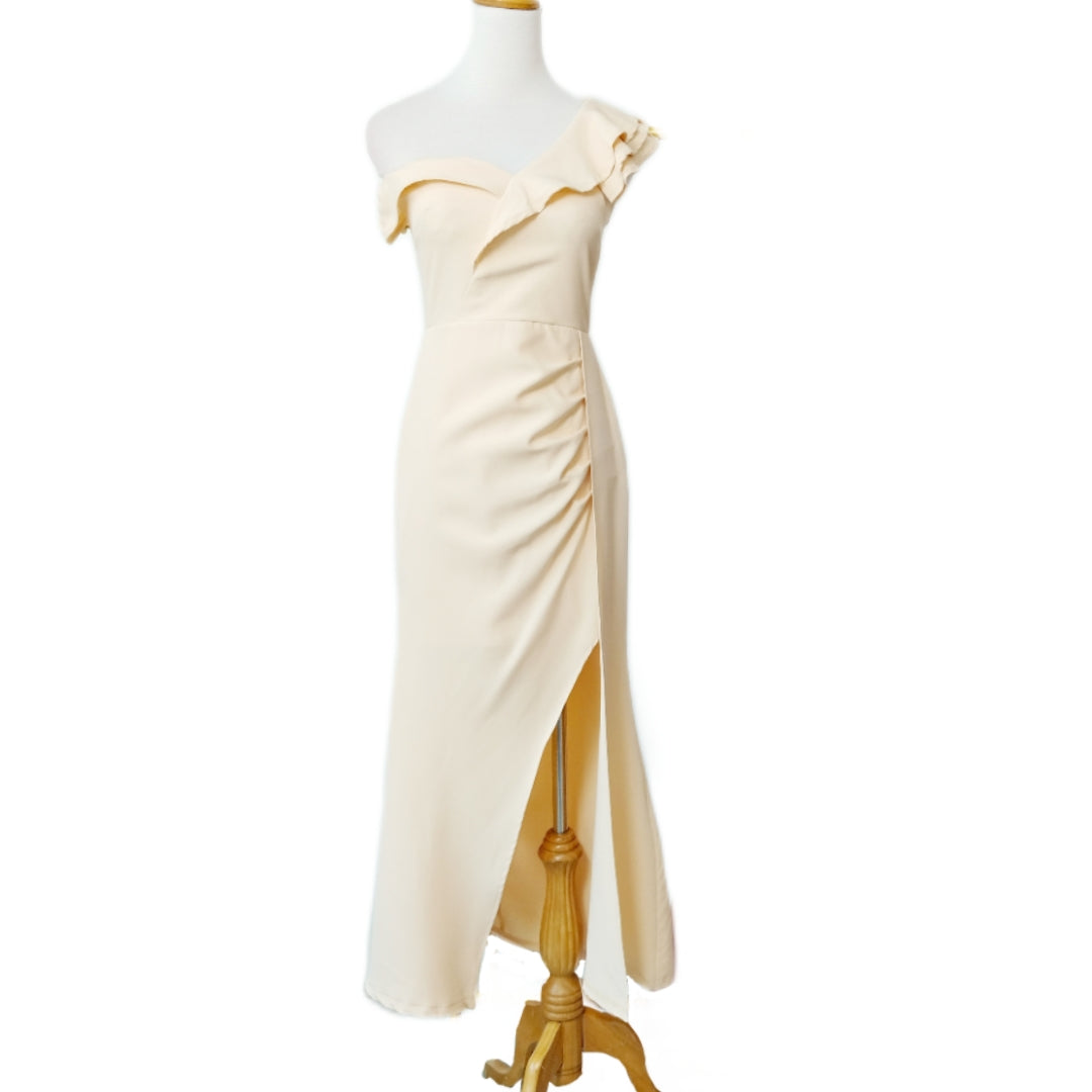 Ruffle One-Shoulder with Draped Asymmetrical High Slit Maxi Dress