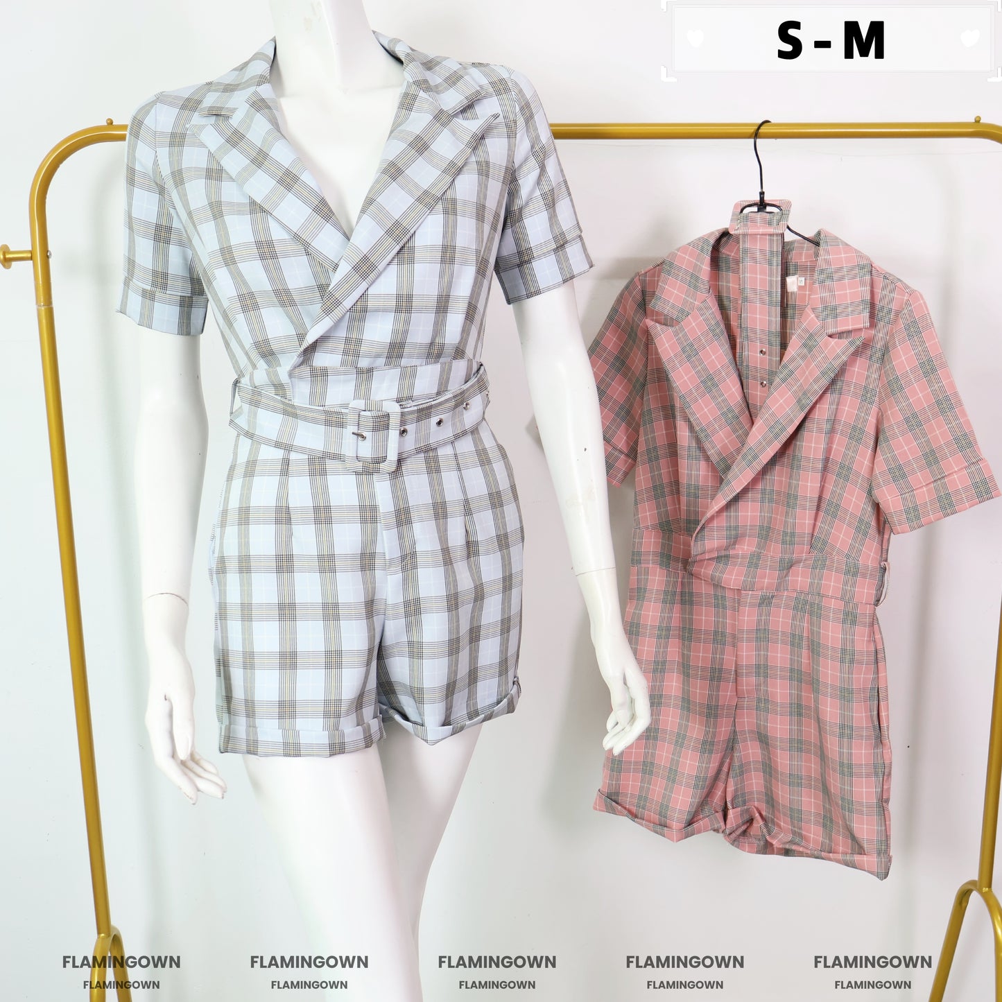 Lapel-Collar Plaid Romper with Pockets