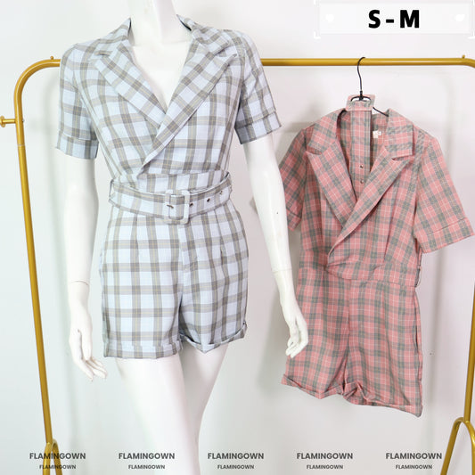 Lapel-Collar Plaid Romper with Pockets