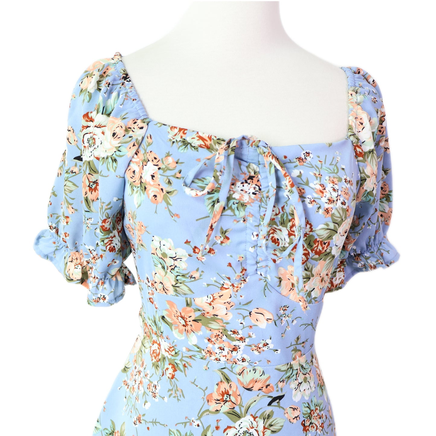 Sweetheart Puff-Sleeves Floral Printed with Pockets Midi Dress