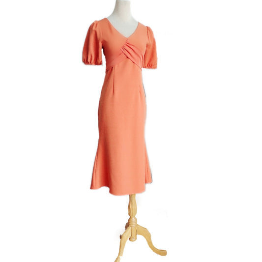 V-Neck Puff Sleeves Mermaid Midi Dress