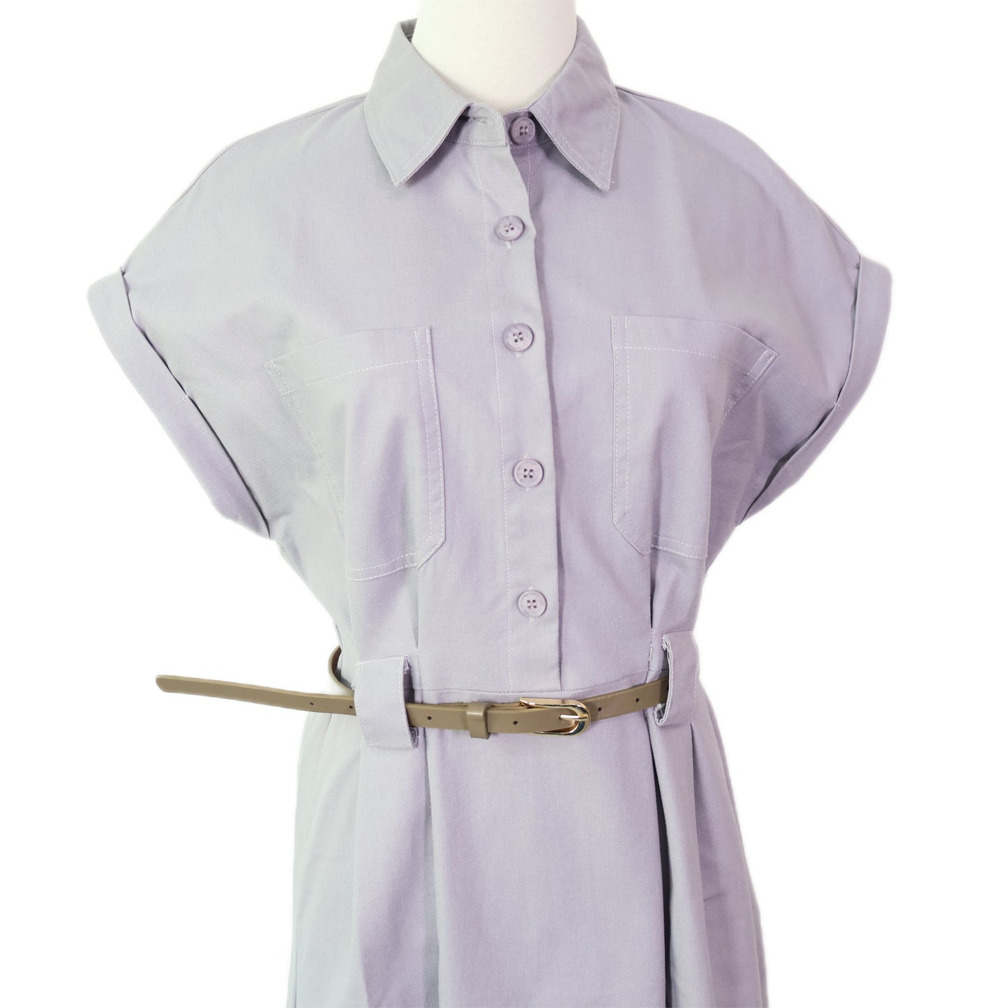 Collared Folded Fitted Sleeves with Belted Midi Dress