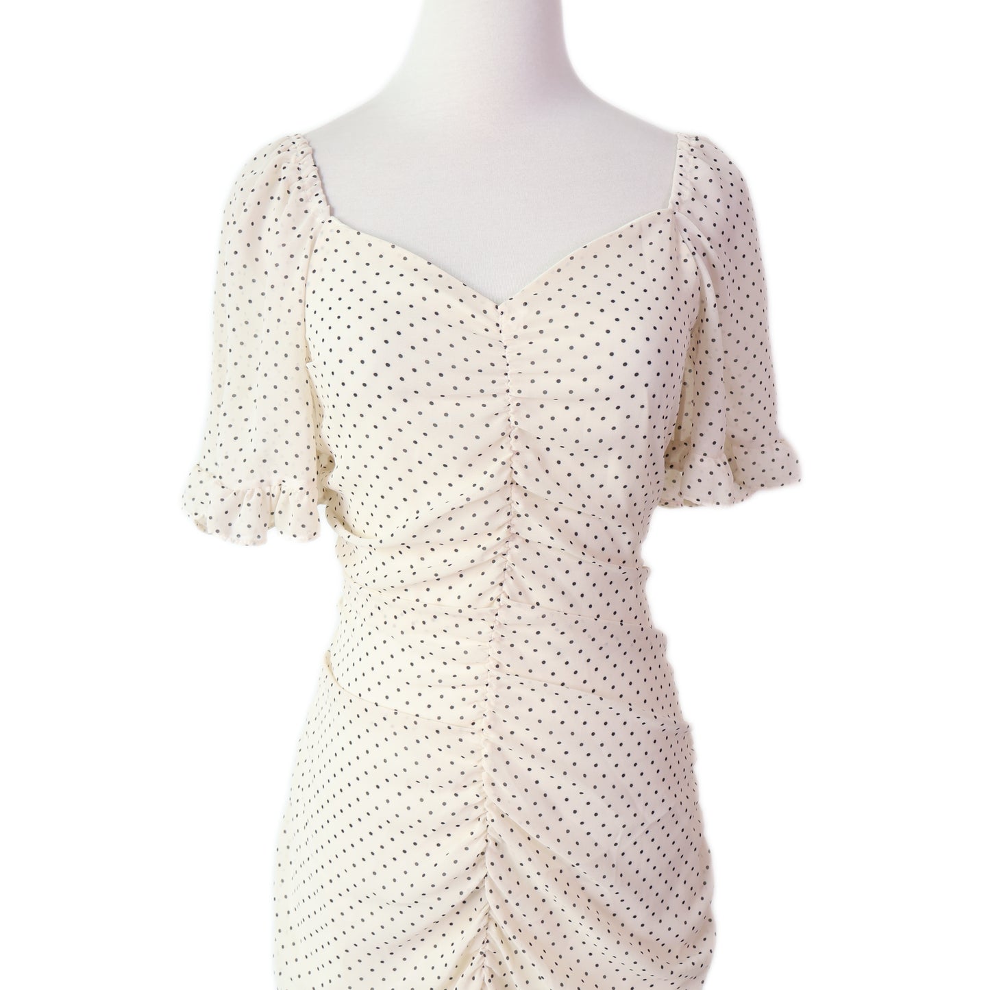 V-Neck Polka Dot Ruched Knee-Length Dress