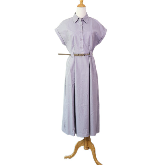 Collared Folded Fitted Sleeves with Belted Midi Dress