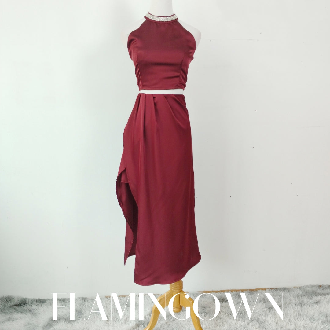 Halter Neck Top with Faux Rhinestone & Long Skirt with High Asymmetrical Slit