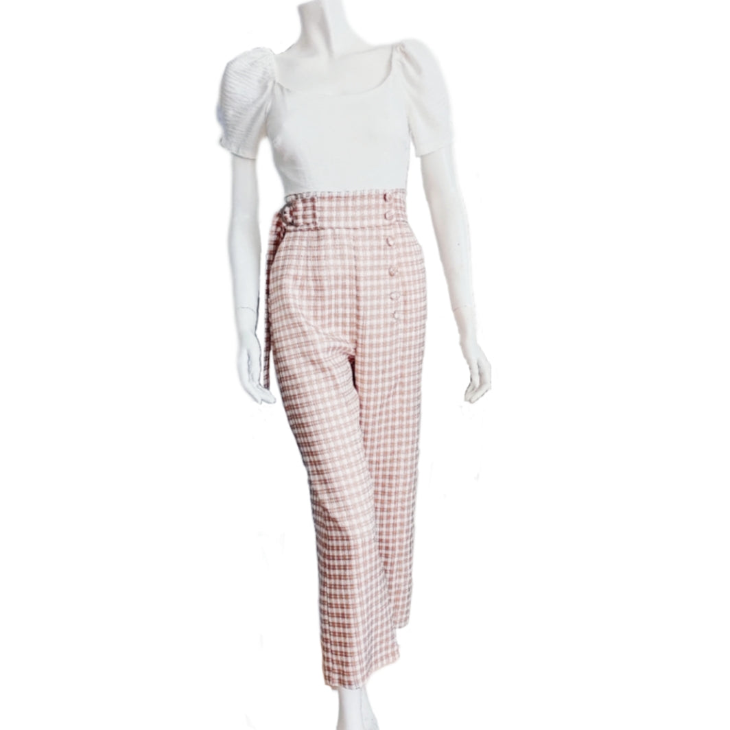 Off-Shoulder Gingham Jumpsuit with Pockets