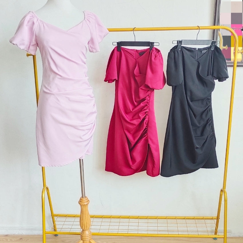 Puff Sleeves Ruched with Asymmetrical Slit Mini Dress