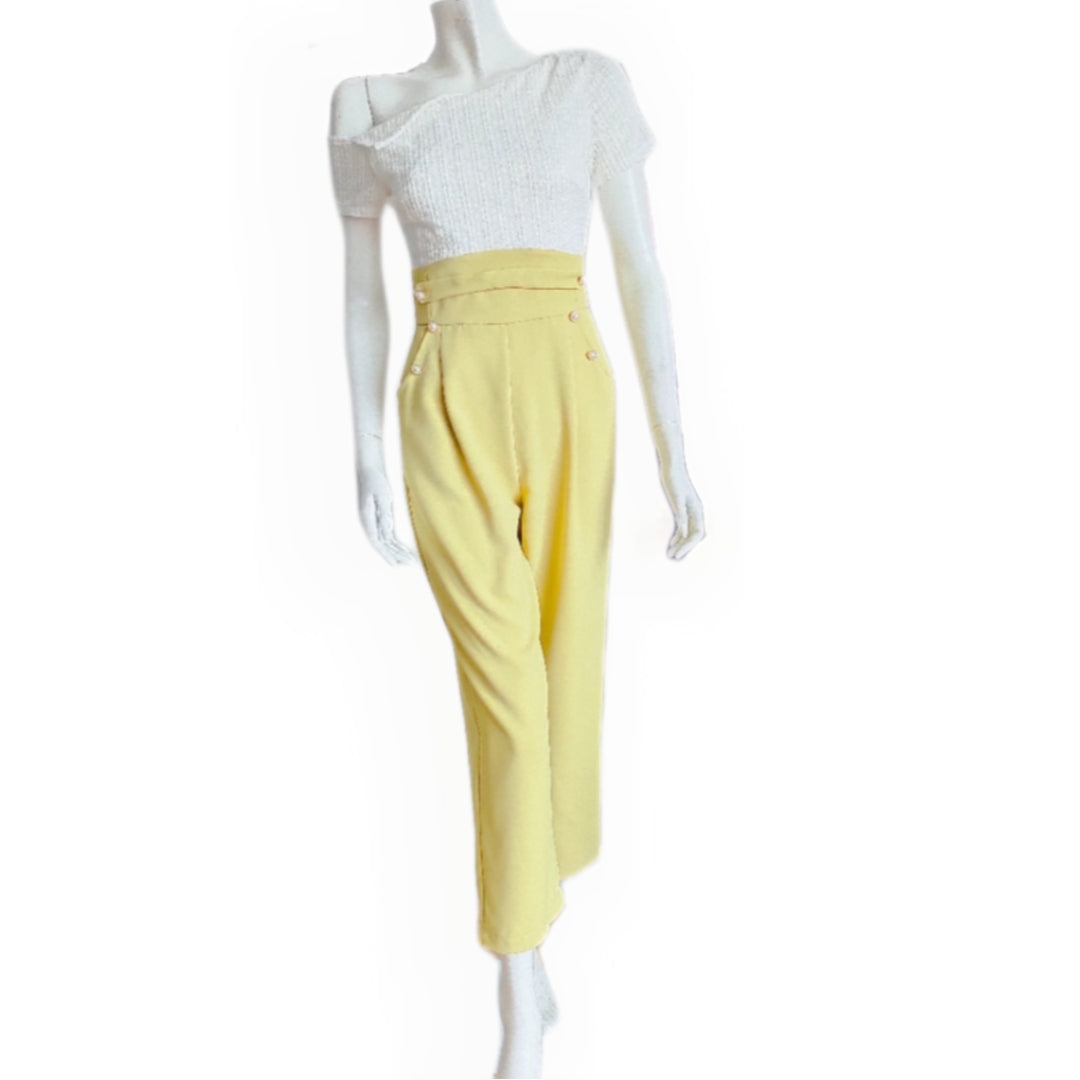 One-Shoulder Cap Sleeves with Gold Faux Pearl Jumpsuit