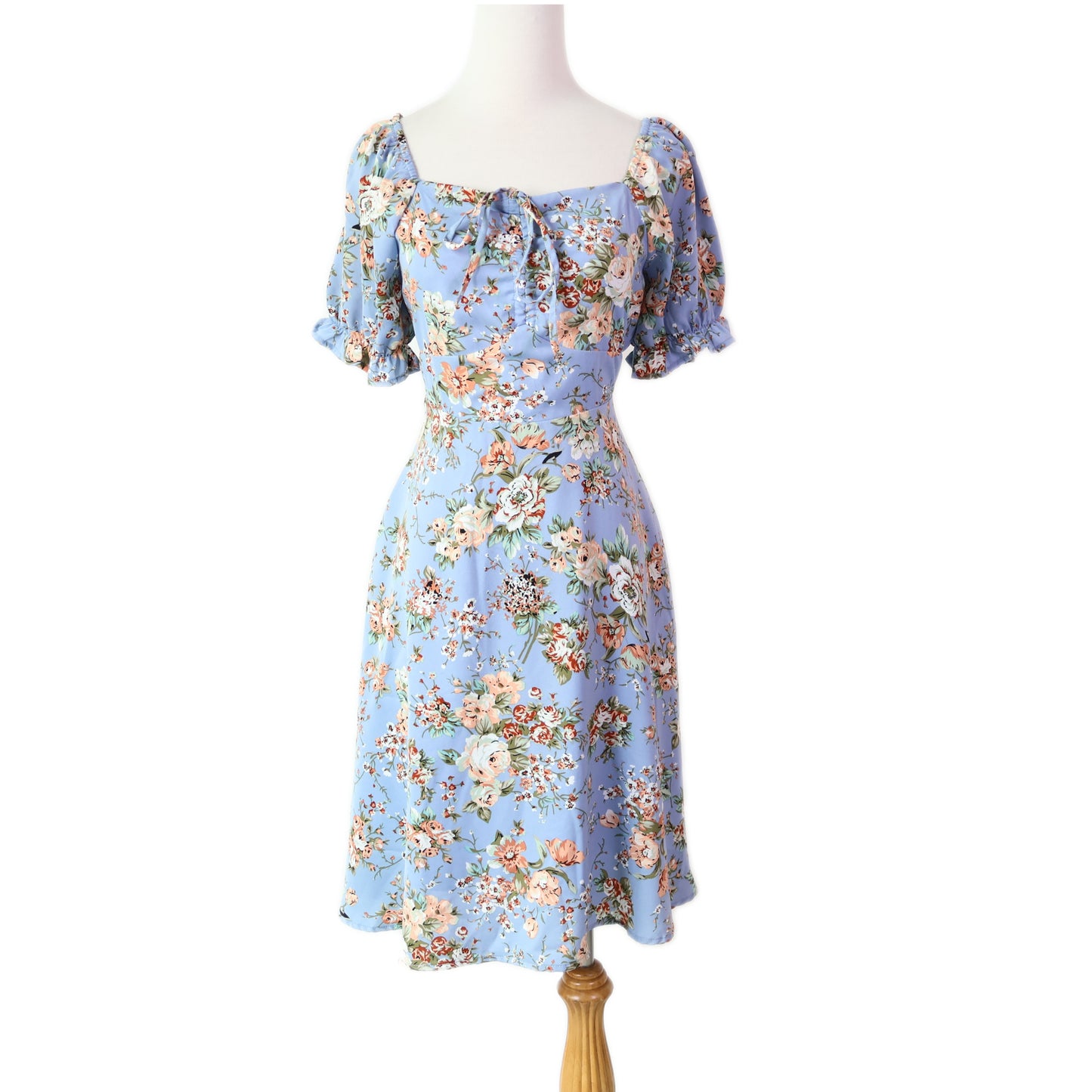 Sweetheart Puff-Sleeves Floral Printed with Pockets Midi Dress