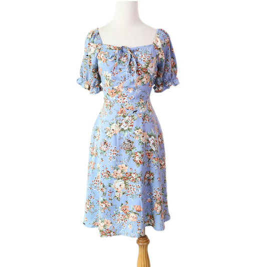 Sweetheart Puff-Sleeves Floral Printed with Pockets Midi Dress