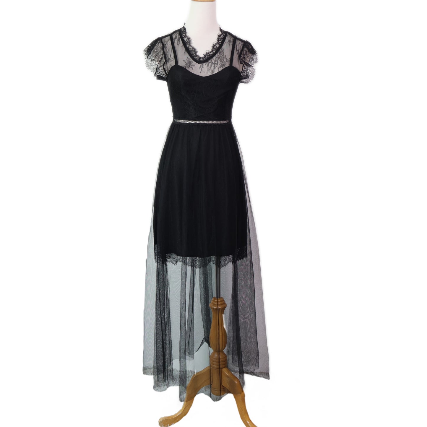 Cap Sleeve Mesh Lace Trim Overlay Gown