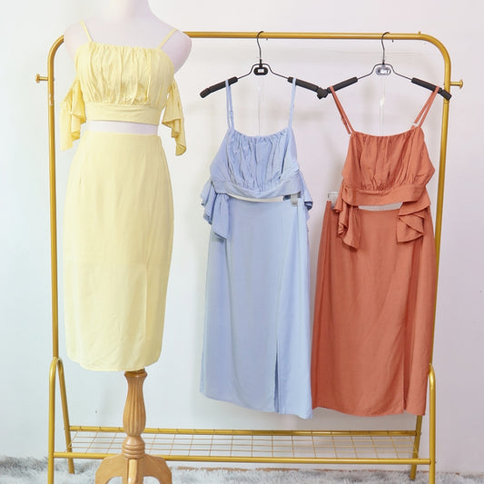 Adjustable Strap Cold Shoulder Top & Midi Skirt with Slit