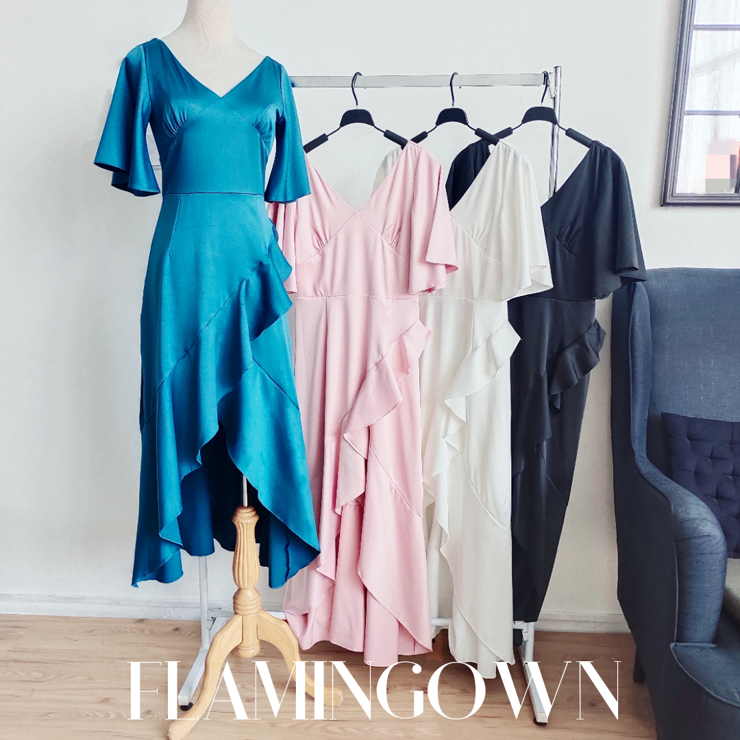 V-Neck Cascading High Low Ruffle Trim Gown