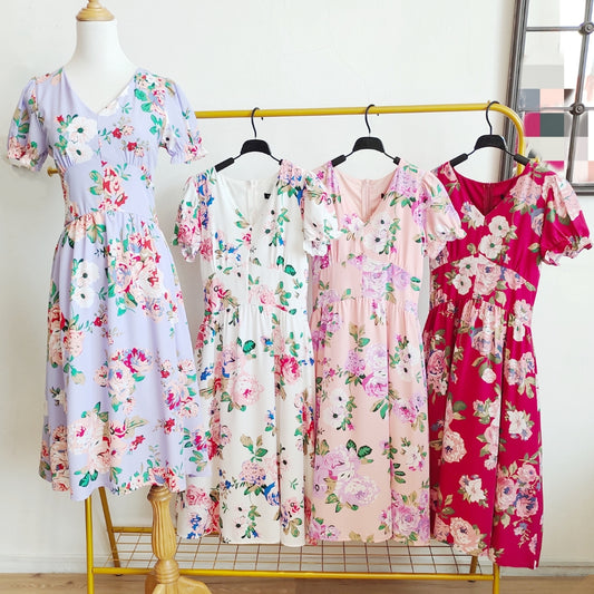 V-Neck Puff Sleeves Floral Printed Midi Dress