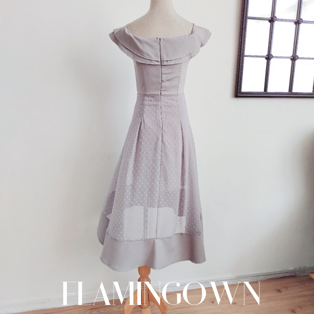 Off-Shoulder Ruffle Front with Eyelet Sheer High Low Midi Dress