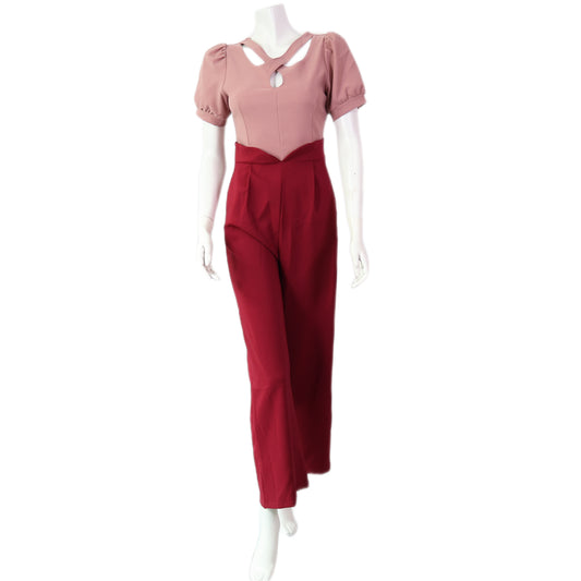 Keyhole Neckline Puff-Sleeve Two-Toned Jumpsuit