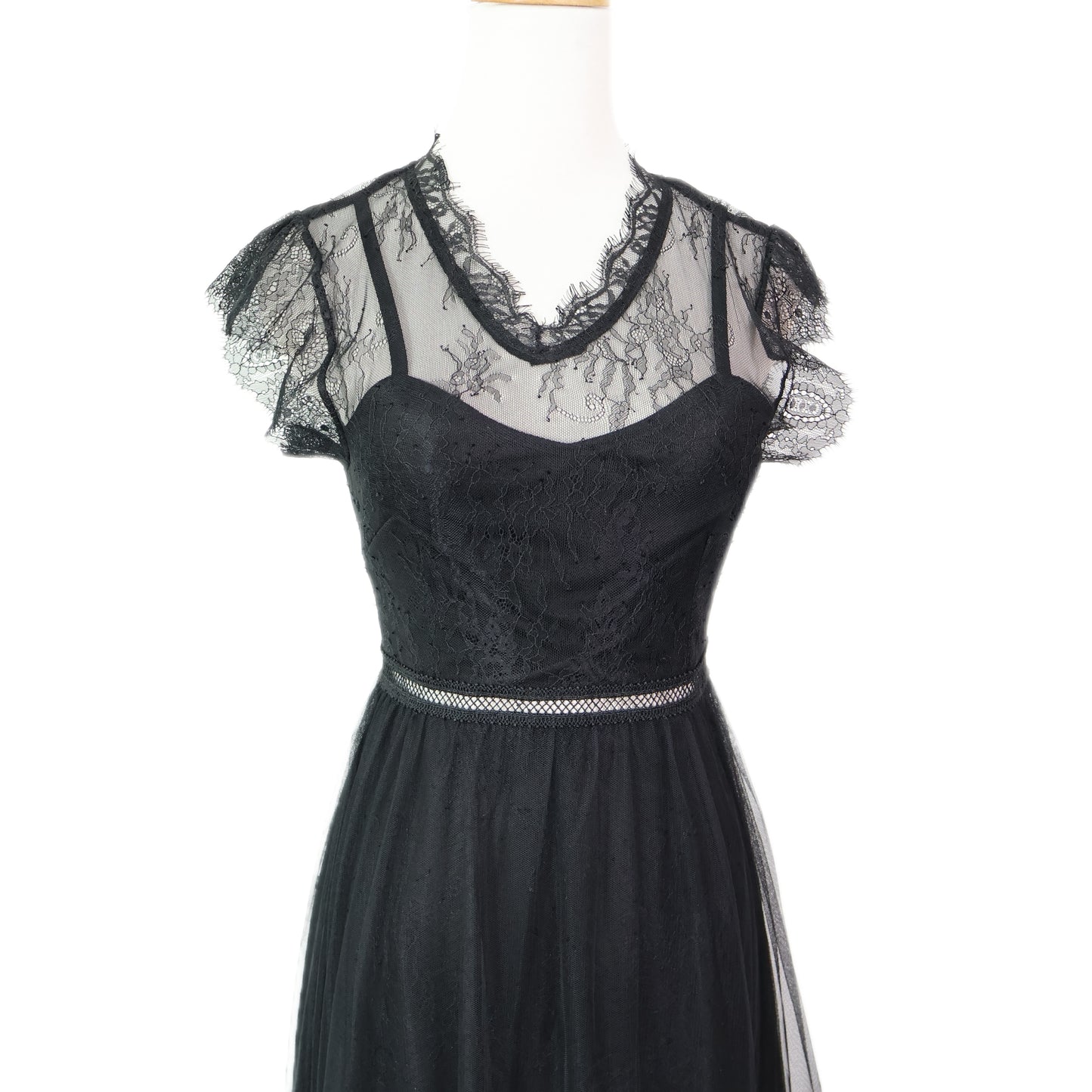 Cap Sleeve Mesh Lace Trim Overlay Gown