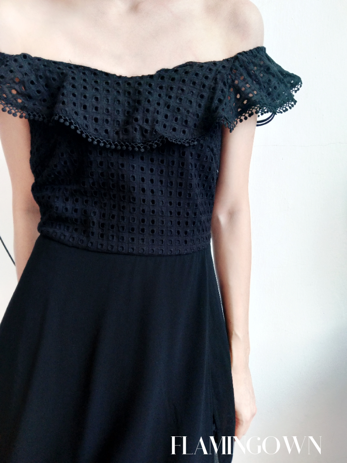 Off-Shoulder Eyelet with Front Sheer Maxi Dress