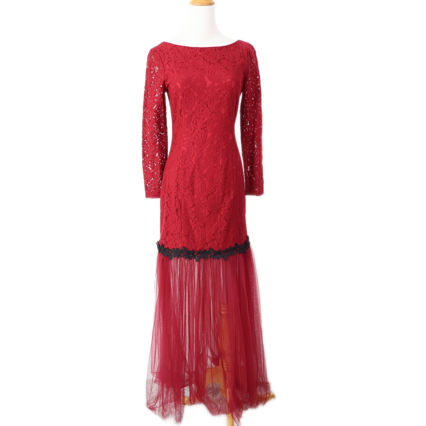 Square Neck Long Sleeve Lace Gown Maxi Dress