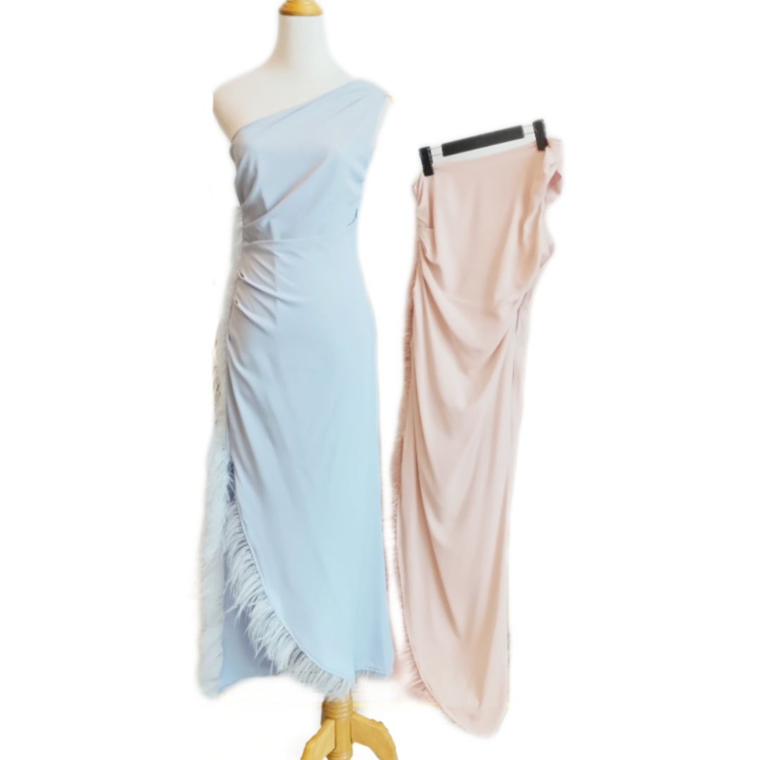 One-Shoulder Feather-Trim with High Slit Maxi Dress