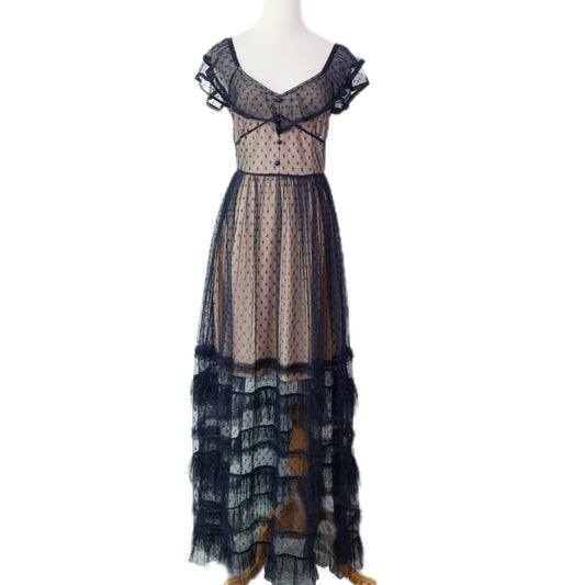 Off-Shoulder Polka Dot Mesh Tiered Maxi Dress