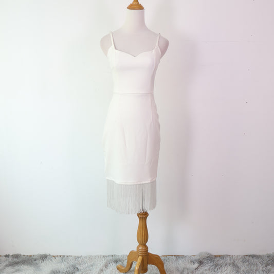 Spaghetti-Strap Sweetheart Neckline with Fringe Midi Dress