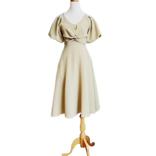 V-Neck Twisted Front Puff Sleeves with Pockets Flare Midi Dress