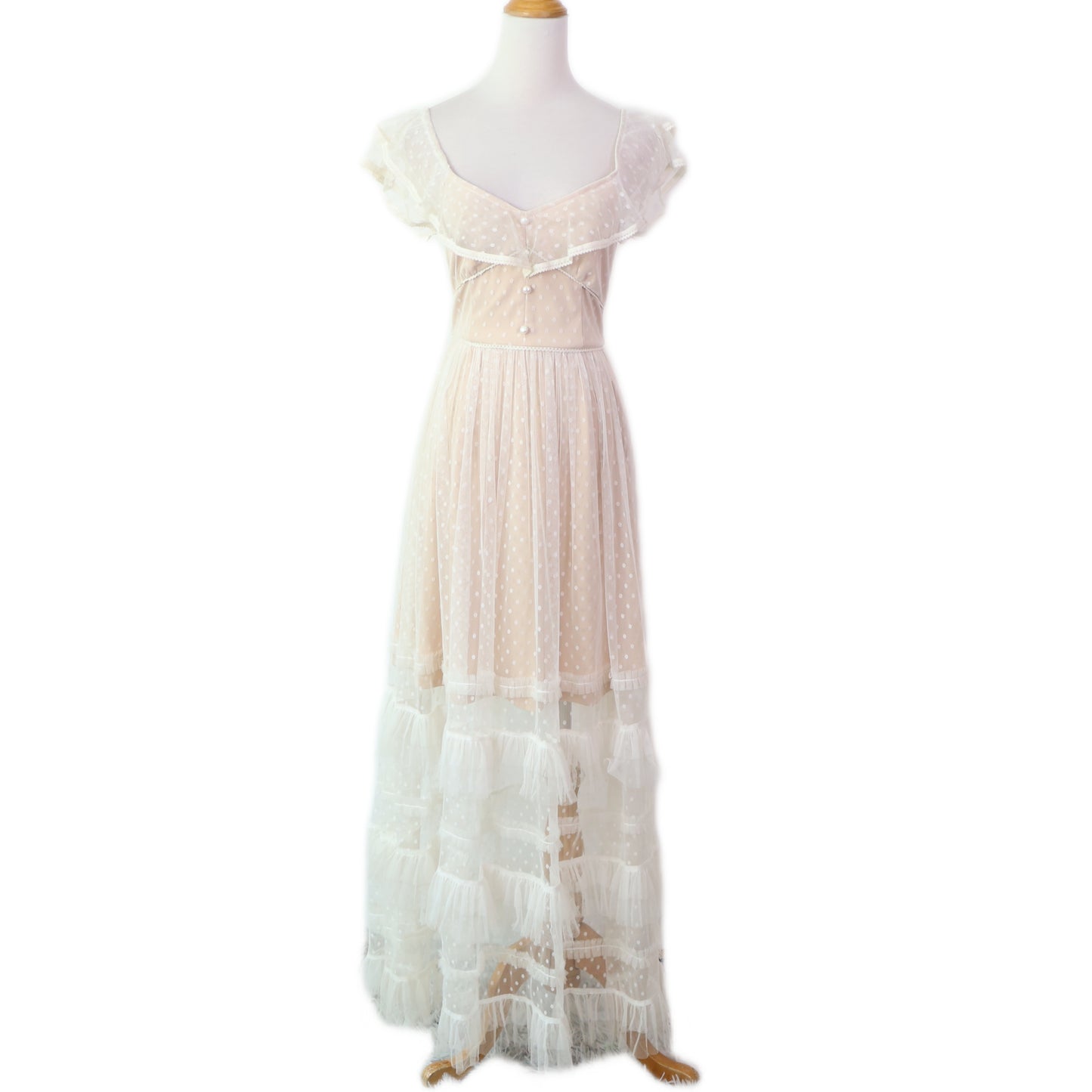 Off-Shoulder Polka Dot Mesh Tiered Maxi Dress