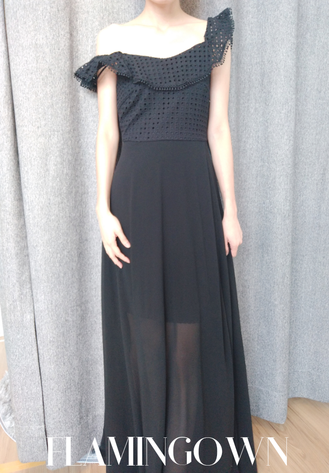 Off-Shoulder Eyelet with Front Sheer Maxi Dress